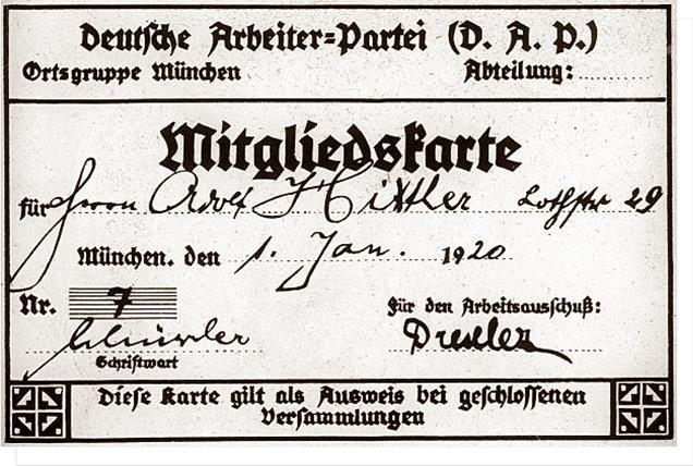 Hitler’s forged membership card for the German Worker’s Party.  His member number was actually 555.